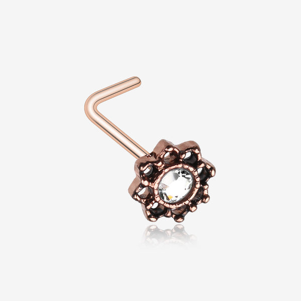 Rose Gold Lotus Filigree Sparkle Icon L-Shaped Nose Ring-Clear Gem