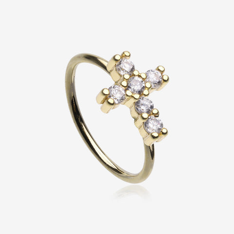 Golden Brilliant Sparkle Cross Multi-Gem Bendable Hoop Ring-Clear Gem