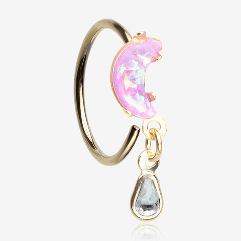 Golden Opalescent Crescent Moon with Teardrop Dangle Sparkle Bendable Hoop Ring-Lavender/Clear Gem