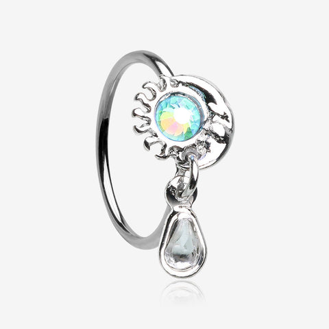 Iridescent Sun and Crescent Moon Sparkle Dangle Bendable Hoop Ring-Clear Gem/Aqua