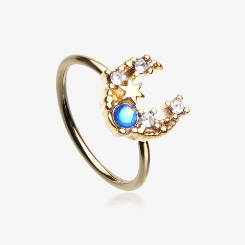 Golden Mystic Opalescent Crescent Moon and Star Sparkle Bendable Hoop Ring-Clear Gem/Blue