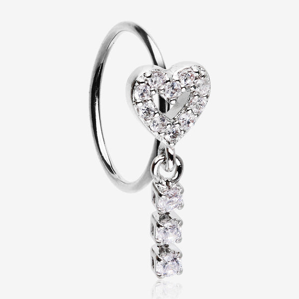 Sparkle Heart Loop Dangle Gem Drop Bendable Hoop Ring-Clear Gem