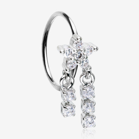 Sparkle Flower Dangle Gem Drop Bendable Hoop Ring-Clear Gem