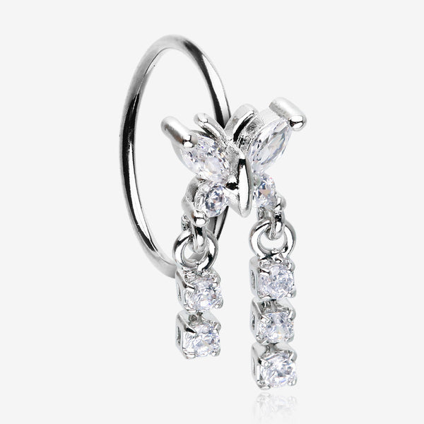 Butterfly Sparkle Dangle Gem Drop Bendable Hoop Ring-Clear Gem