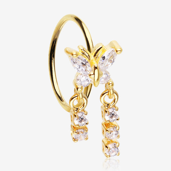 Golden Butterfly Sparkle Dangle Gem Drop Bendable Hoop Ring-Clear Gem