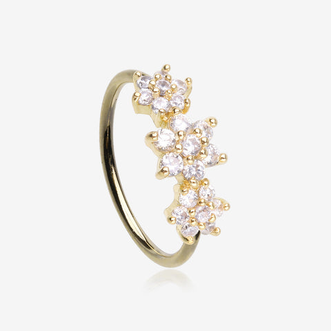 Golden Brilliant Blooming Flower Multi-Gem Bendable Hoop Ring-Clear Gem