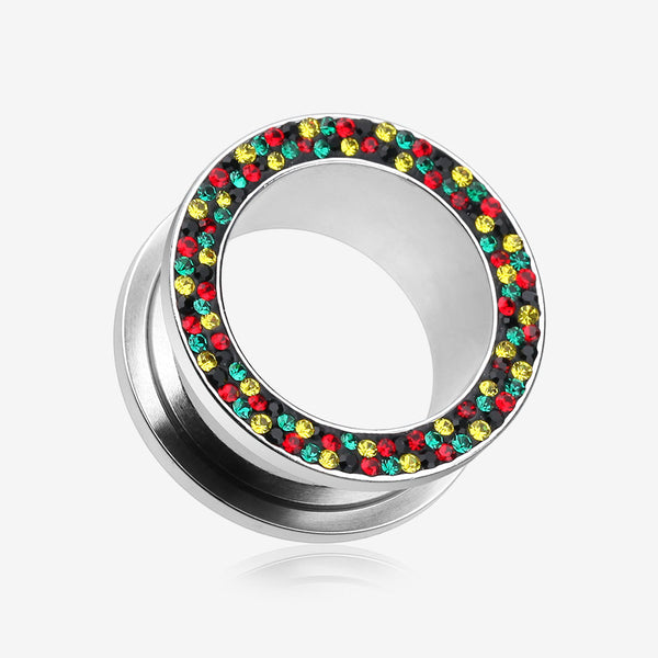 A Pair of Multi-Gem Sparkle Rasta Screw-Fit Ear Gauge Tunnel Plug-Rasta