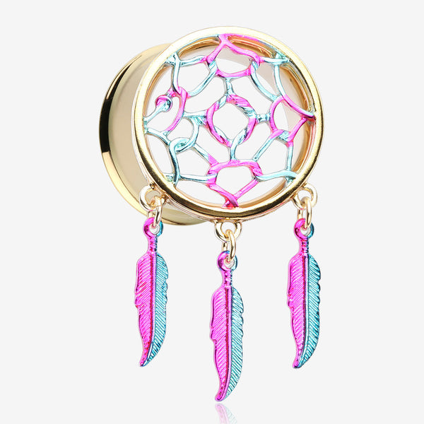 A Pair of Golden Dreamcatcher Feather Dangle Ear Gauge Plug-Rainbow/Multi-Color