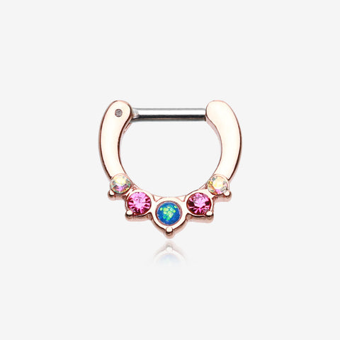 Rose Gold Opal Precia Septum Clicker-Fuchsia/Aurora Borealis