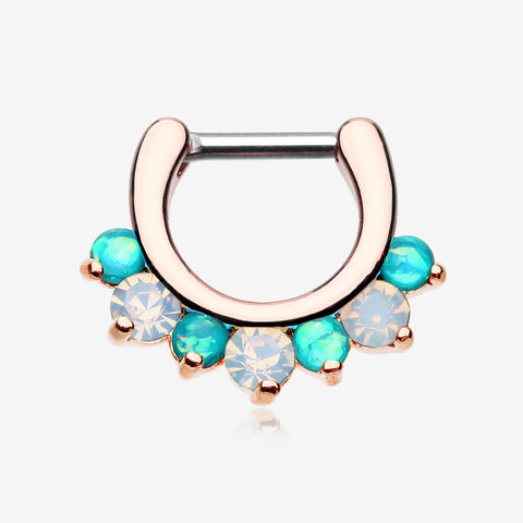 Rose Gold Opal Sparkle Deuce Septum Clicker Ring-Teal/White