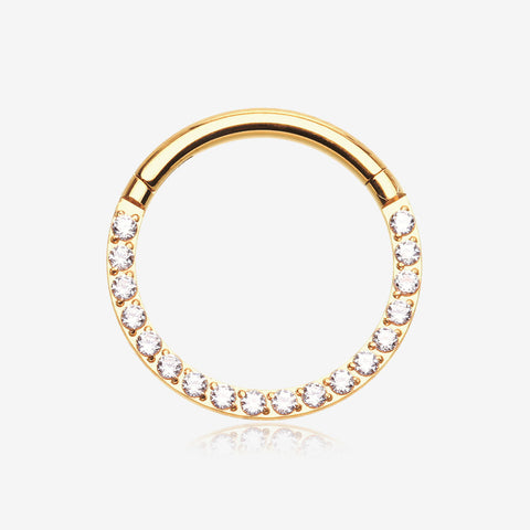 Pure24K Implant Grade Titanium Brilliant Sparkle Front Facing Gems Lined Seamless Clicker Hoop Ring-Clear Gem