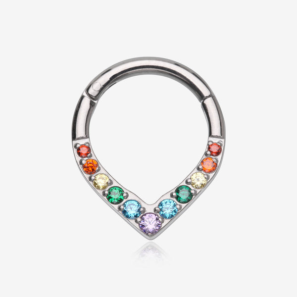 Implant Grade Titanium Sparkle Chevron Teardrop Clicker Hoop Ring-Rainbow/Assorted Gem