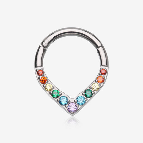 Implant Grade Titanium Sparkle Chevron Teardrop Clicker Hoop Ring-Rainbow/Assorted Gem