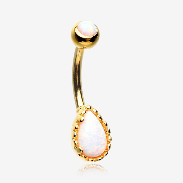 Golden Fire Opal Elegance Teardrop Belly Button Ring-White