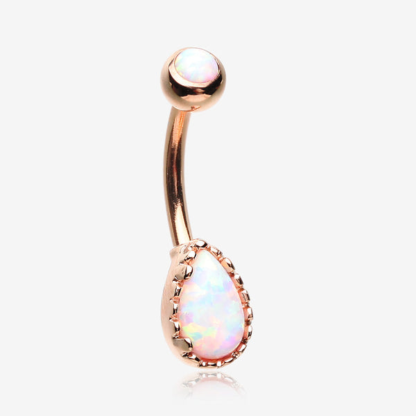 Rose Gold Fire Opal Elegance Teardrop Belly Button Ring-White