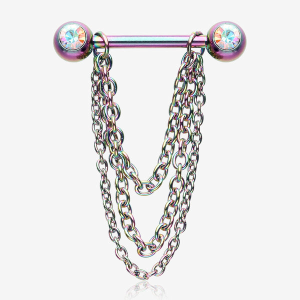 A Pair of Rainbow PVD Chained Sparkle Nipple Barbell-Aurora Borealis