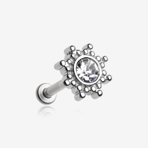 Bali Mandala Sun Sparkle Internally Threaded Steel Micro Labret-Clear Gem