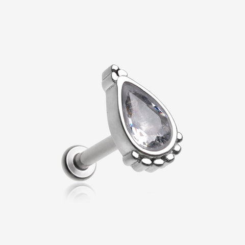 Bali Mandala Teardrop Sparkle Internally Threaded Steel Micro Labret-Clear Gem