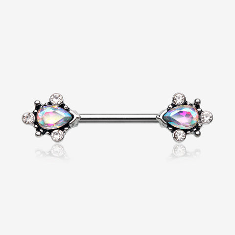 A Pair of Vintage Thorn Filigree Gem Sparkle Nipple Barbell-Clear Gem/Aurora Borealis