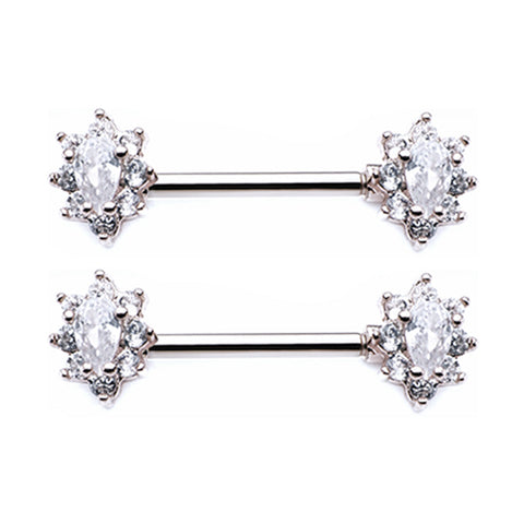 A Pair of Grand Luria Floral Sparkle Nipple Barbell-Clear Gem