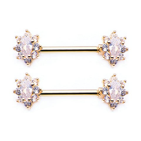 A Pair of Golden Grand Luria Floral Sparkle Nipple Barbell-Clear Gem