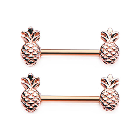 A Pair of Rose Gold Tropical Pineapple Nipple Barbell