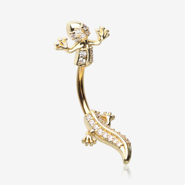 Golden Sparkle Gecko Lizard Belly Button Ring-Clear Gem