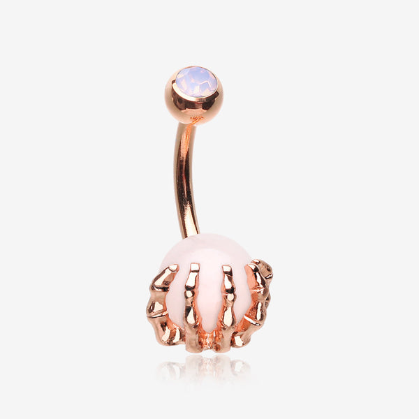 Rose Gold Rose Quartz Stone Orb Shine Skeleton Hand Belly Button Ring