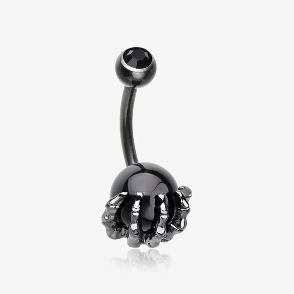 Gunmetal Onyx Stone Orb Shine Skeleton Hand Belly Button Ring