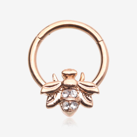 Rose Gold Vintage Honey Bee Sparkle Seamless Clicker Hoop Ring-Clear Gem