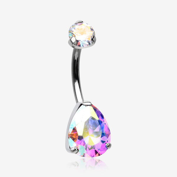 Implant Grade Titanium Internally Threaded Teardrop Prong Set Belly Button Ring-Aurora Borealis